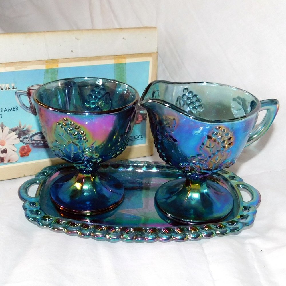 Blue Carnival Glass Cream Sugar Under Tray Grapes NIB